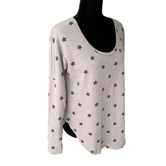 Lucky Brand Scoop Neck Ribbed Henley Gray Thermal  Star Print Medium - Picture 1 of 10
